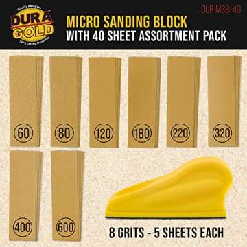 Dura-Gold Micro Hand Sanding Block Kit - 40 Sandpaper Sheets for Woodworking