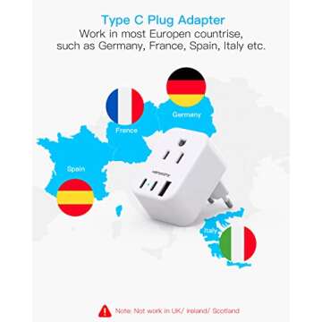 European Travel Plug Adapter USB C, International Plug Adapter, US to Europe Plug Adapter with 2 Out...
