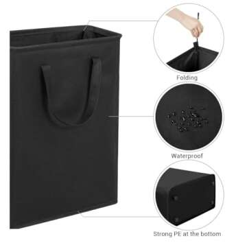 ZERO JET LAG Slim Laundry Hamper With Handles Collapsible Laundry Basket Thin Dirty Clothes Basket Narrow Laundry Bag Foldable Dirty Clothes Hamper 45L (21 inches,Black)