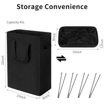ZERO JET LAG Slim Laundry Hamper With Handles Collapsible Laundry Basket Thin Dirty Clothes Basket Narrow Laundry Bag Foldable Dirty Clothes Hamper 45L (21 inches,Black)
