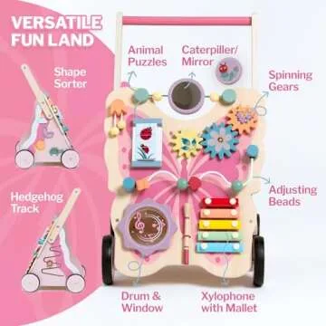 Giant bean Wooden Baby Walker for Girls Toddler Kids 1-3, Pink Butterfly Push and Pull Multiple Learning Activity Walker with Wheels, Christmas Gift Develops Motor Skills & Stimulates Creativity