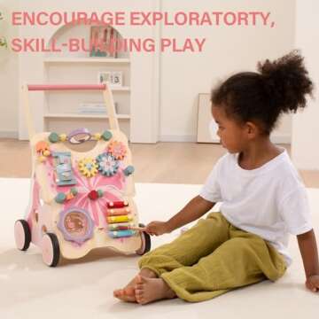 Giant bean Wooden Baby Walker for Girls Toddler Kids 1-3, Pink Butterfly Push and Pull Multiple Learning Activity Walker with Wheels, Christmas Gift Develops Motor Skills & Stimulates Creativity