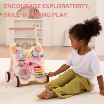 Giant bean Wooden Baby Walker for Girls Toddler Kids 1-3, Pink Butterfly Push and Pull Multiple Learning Activity Walker with Wheels, Christmas Gift Develops Motor Skills & Stimulates Creativity