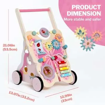 Giant bean Wooden Baby Walker for Girls Toddler Kids 1-3, Pink Butterfly Push and Pull Multiple Learning Activity Walker with Wheels, Christmas Gift Develops Motor Skills & Stimulates Creativity