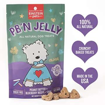 Einstein Pets Everydays PB’N Jelly Crunchy Heart Shaped Treats, All Natural Protein Packed Organic Dog and Puppy Baked Biscuit Training Treat, Peanut Butter Blueberry Recipe with CHIA, 6 Ounce Bag