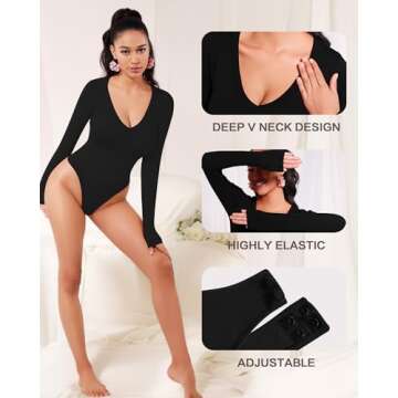 MANGOPOP Deep V Neck Shapewear Bodysuits Thong Tummy Control Black Long Sleeve Bodysuit for Women Ribbed Seamless