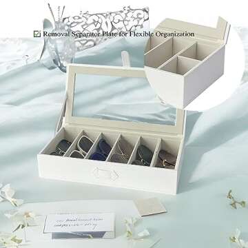 UnionPlus Sunglasses Case Organizer, Multiple Sunglasses Eyeglass Glasses Display Holder Collector, 5 Slots for Sunglasses Storage and 2 Small Slots for Accessories, White