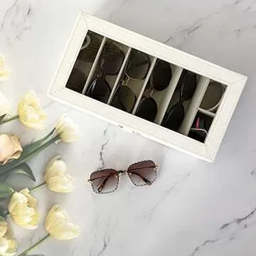 UnionPlus Sunglasses Case Organizer, Multiple Sunglasses Eyeglass Glasses Display Holder Collector, 5 Slots for Sunglasses Storage and 2 Small Slots for Accessories, White