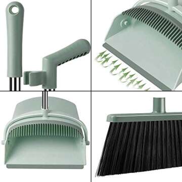 Chouqing Dust Pan and Broom, Self-Cleaning with Dustpan Teeth, Ideal for Dog Cat Pets Home Use, Super Long Handle Upright Stand Up Broom and Dustpan Set (Jade Green)