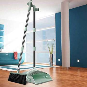 Chouqing Dust Pan and Broom, Self-Cleaning with Dustpan Teeth, Ideal for Dog Cat Pets Home Use, Super Long Handle Upright Stand Up Broom and Dustpan Set (Jade Green)
