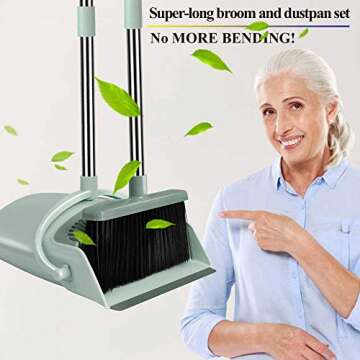 Chouqing Dust Pan and Broom, Self-Cleaning with Dustpan Teeth, Ideal for Dog Cat Pets Home Use, Super Long Handle Upright Stand Up Broom and Dustpan Set (Jade Green)