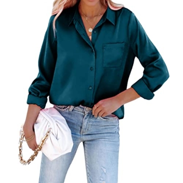 Pausus Women's Silk Button Down Shirt Long Sleeve Fitted Collared Blouse with Pocket (Blue, M)