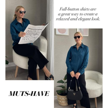Pausus Women's Silk Button Down Shirt Long Sleeve Fitted Collared Blouse with Pocket (Blue, M)