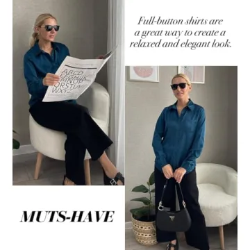 Pausus Women's Silk Button Down Shirt Long Sleeve Fitted Collared Blouse with Pocket (Blue, M)