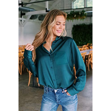 Pausus Women's Silk Button Down Shirt Long Sleeve Fitted Collared Blouse with Pocket (Blue, M)