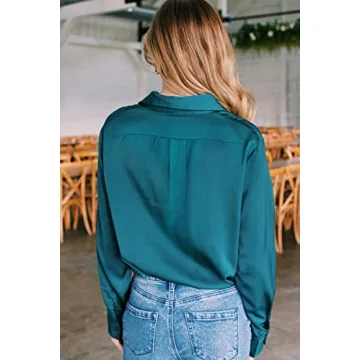 Pausus Women's Silk Button Down Shirt Long Sleeve Fitted Collared Blouse with Pocket (Blue, M)