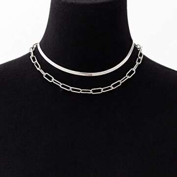 BaubleStar Link Layered Collar Necklace Silver Layering Paperclip Chain Herringbone Snake Choker Sta...