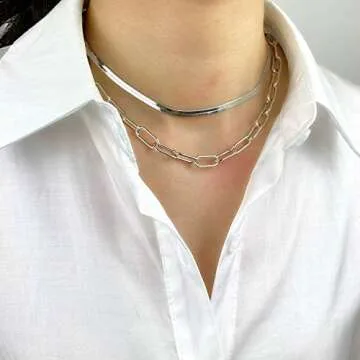 BaubleStar Link Layered Collar Necklace Silver Layering Paperclip Chain Herringbone Snake Choker Statement Fashion Jewelry for Women