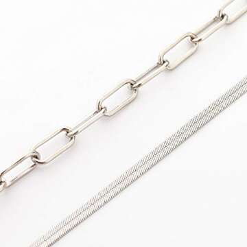 BaubleStar Link Layered Collar Necklace Silver Layering Paperclip Chain Herringbone Snake Choker Statement Fashion Jewelry for Women