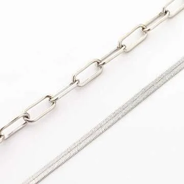 BaubleStar Link Layered Collar Necklace Silver Layering Paperclip Chain Herringbone Snake Choker Statement Fashion Jewelry for Women