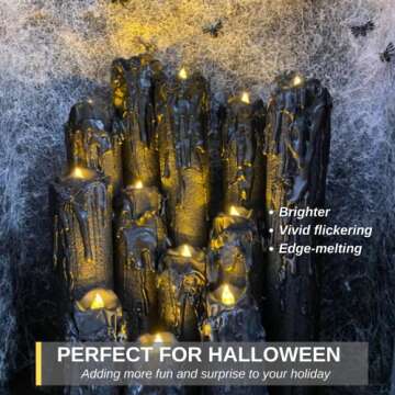 Homemory 24-Pack Melting Black Candles Battery Operated Tea Lights, Halloween Flameless Flickering Candles, Ideal for Holiday Decor, Theme Party, 1.58" Dia X 1.2''H, Warm White Glow