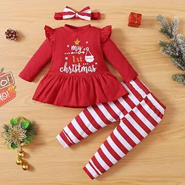 Noubeau My 1st Christmas Baby Girl Outfits Ruffle Santa Tree Print Tunic Drees Shirt Plaid Stripe Pants Fall Clothes (Red, 6-9 Months)