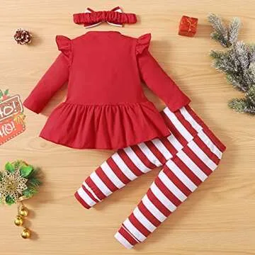 Noubeau My 1st Christmas Baby Girl Outfits Ruffle Santa Tree Print Tunic Drees Shirt Plaid Stripe Pants Fall Clothes (Red, 6-9 Months)