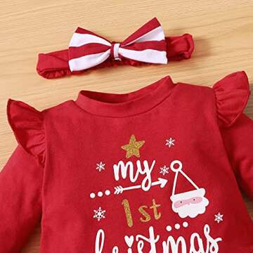 Noubeau My 1st Christmas Baby Girl Outfits Ruffle Santa Tree Print Tunic Drees Shirt Plaid Stripe Pants Fall Clothes (Red, 6-9 Months)