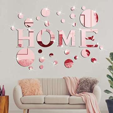 30 Pcs Living Room Wall Decor Home Mirror Wall Stickers Letter Signs DIY Acrylic Mirror Decals 3D Wall Decorations for Home Bedroom Living Room Decor Removable (Rose Gold)