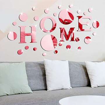 30 Pcs Living Room Wall Decor Home Mirror Wall Stickers Letter Signs DIY Acrylic Mirror Decals 3D Wall Decorations for Home Bedroom Living Room Decor Removable (Rose Gold)