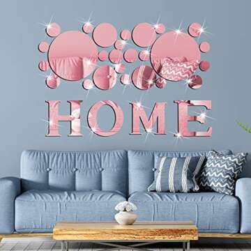 30 Pcs Living Room Wall Decor Home Mirror Wall Stickers Letter Signs DIY Acrylic Mirror Decals 3D Wall Decorations for Home Bedroom Living Room Decor Removable (Rose Gold)