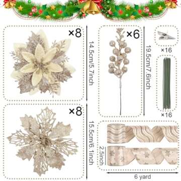 24 Pcs Champagne Christmas Tree Decorations Kit Poinsettias Artificial Christmas Flowers Decorations Set Christmas Ribbon Garland for Christmas Tree