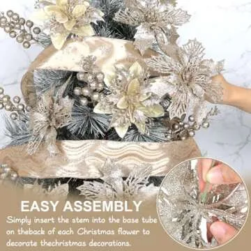 24 Pcs Champagne Christmas Tree Decorations Kit Poinsettias Artificial Christmas Flowers Decorations Set Christmas Ribbon Garland for Christmas Tree