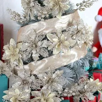 24 Pcs Champagne Christmas Tree Decorations Kit Poinsettias Artificial Christmas Flowers Decorations Set Christmas Ribbon Garland for Christmas Tree