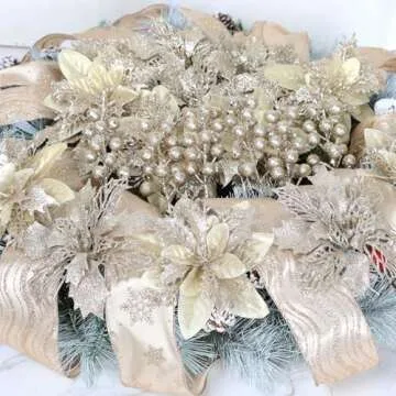 24 Pcs Champagne Christmas Tree Decorations Kit Poinsettias Artificial Christmas Flowers Decorations Set Christmas Ribbon Garland for Christmas Tree