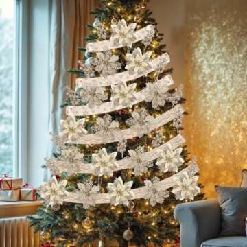 24 Pcs Champagne Christmas Tree Decorations Kit Poinsettias Artificial Christmas Flowers Decorations Set Christmas Ribbon Garland for Christmas Tree