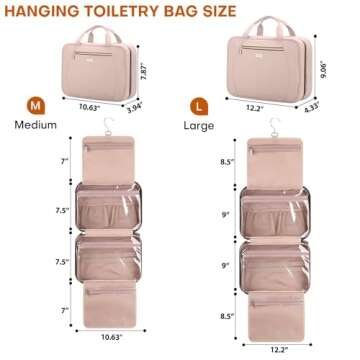 TBTOTRA Travel Toiletry Bags with Hanging Hook for Full-size Toiletries, Brushes Set, Cosmetics - Medium Pink