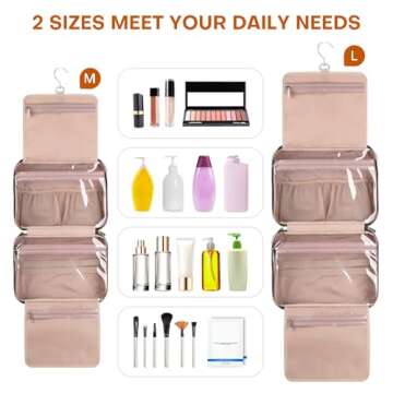 TBTOTRA Travel Toiletry Bags with Hanging Hook for Full-size Toiletries, Brushes Set, Cosmetics - Medium Pink