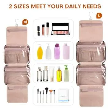 TBTOTRA Travel Toiletry Bags with Hanging Hook for Full-size Toiletries, Brushes Set, Cosmetics - Medium Pink