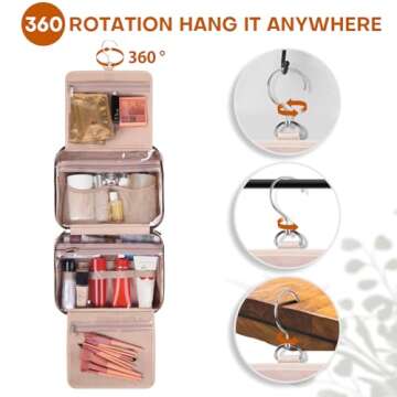 TBTOTRA Travel Toiletry Bags with Hanging Hook for Full-size Toiletries, Brushes Set, Cosmetics - Medium Pink