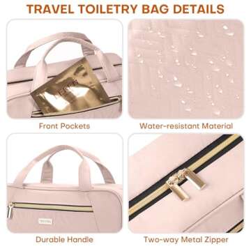 TBTOTRA Travel Toiletry Bags with Hanging Hook for Full-size Toiletries, Brushes Set, Cosmetics - Medium Pink