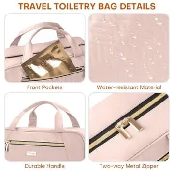 TBTOTRA Travel Toiletry Bags with Hanging Hook for Full-size Toiletries, Brushes Set, Cosmetics - Medium Pink