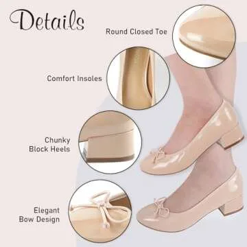 JENN ARDOR Chunky Block Low Heels Bow Round Closed Toe Comfort Work Casual Slip-On Bridal Wedding Guest Dress Sexy Prom Pumps Shoes for Women