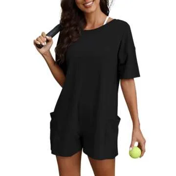 Yanekop Womens T Shirt Romper Casual Short Sleeve Oversized Romper Athletic Jumpsuit Hot Shot Onesie Reversible Workout(Black,S)