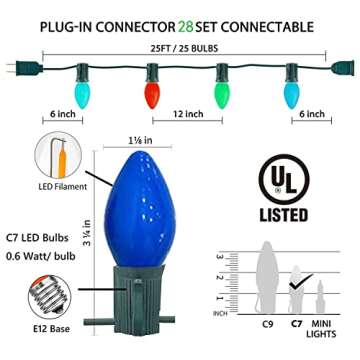 C7 LED String Lights - 25Ft Ceramic Vintage Multicolor Lights with 27 Colorful LED Bulbs (2 Spare) f...