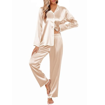 Ekouaer Silk Long Sleeve Pajamas Set - Silky Ruffle PJs for Women in Champagne