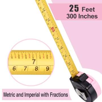 KURUI Pink Tape Measures Retractable 25Ft, Measuring Tape with Fractions, Easy Read Tape Measurer Inch/Metric Scale