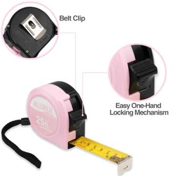 KURUI Pink Tape Measures Retractable 25Ft, Measuring Tape with Fractions, Easy Read Tape Measurer Inch/Metric Scale