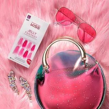 KISS Jelly Fantasy On-Trend Translucent Sculpted Nails, Long, Coffin, Durable, Easy To Apply, Includes Pink Gel Nail Glue, Mini Nail File, Manicure Stick & 28 Fake Nails