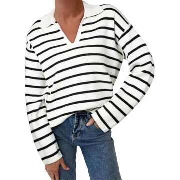 EVALESS Striped Sweater Women V Neck Casual Long Sleeve Ribbed Casual Henley Shirt Contrast Business Warm Tops Knitted Christmas New Year Pullover M White